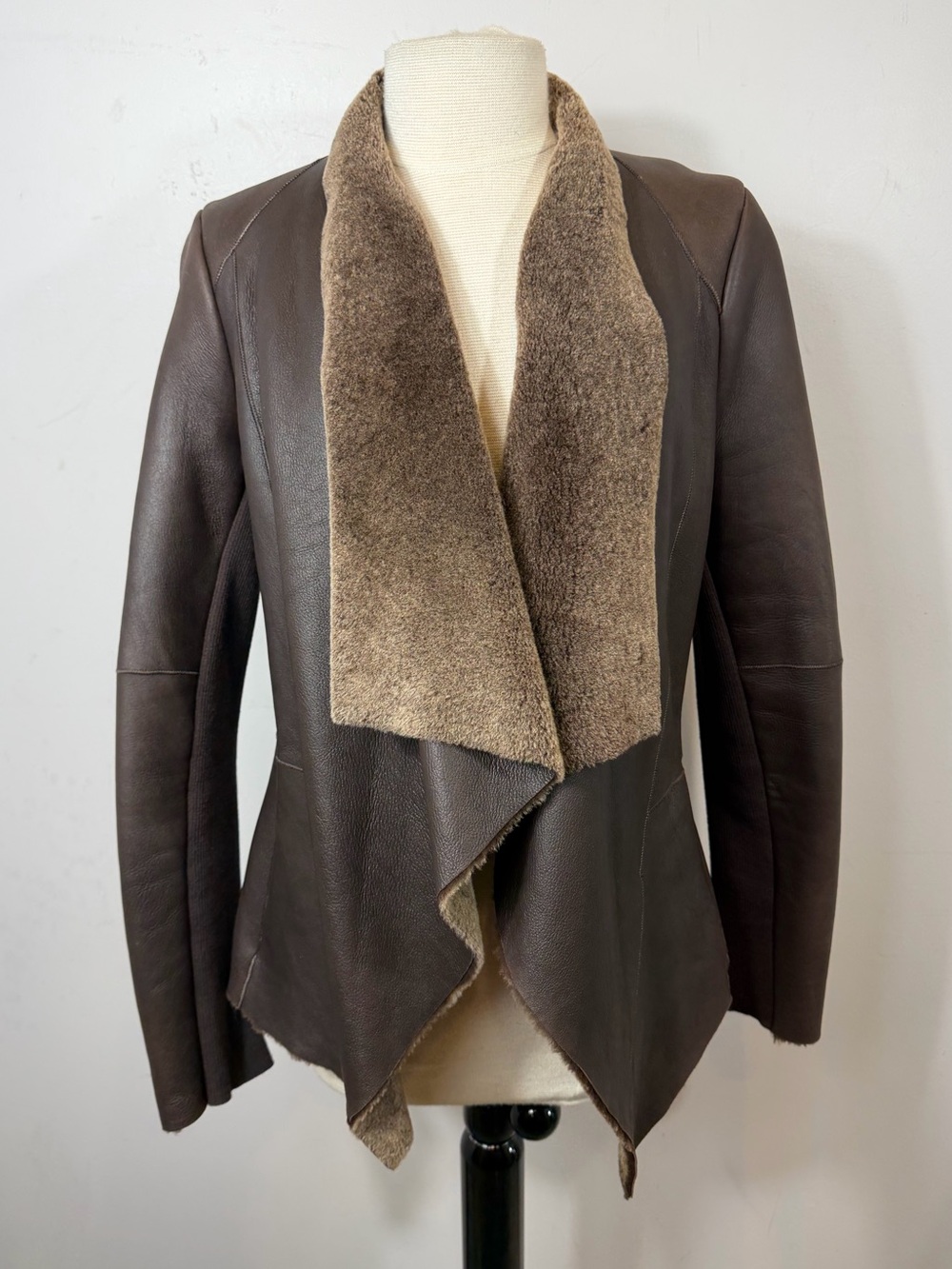 Vince Brown 100% Lamb Shearling Open Front Drape Jacket M